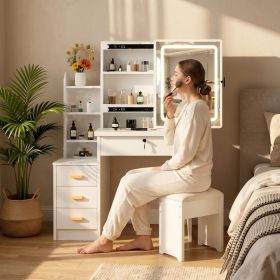 Vanity Desk with Sliding Mirror and Lights, Makeup Vanity Set with 4 Drawers, Stool, Open Shelves, 3 Color Adjustable Lighting Modes Vanity Desk with Sliding Mirror and Lights, Makeup Vanity Set with 4 Drawers, Stool, Open Shelves, 3 Color Adjustable Lighting Modes